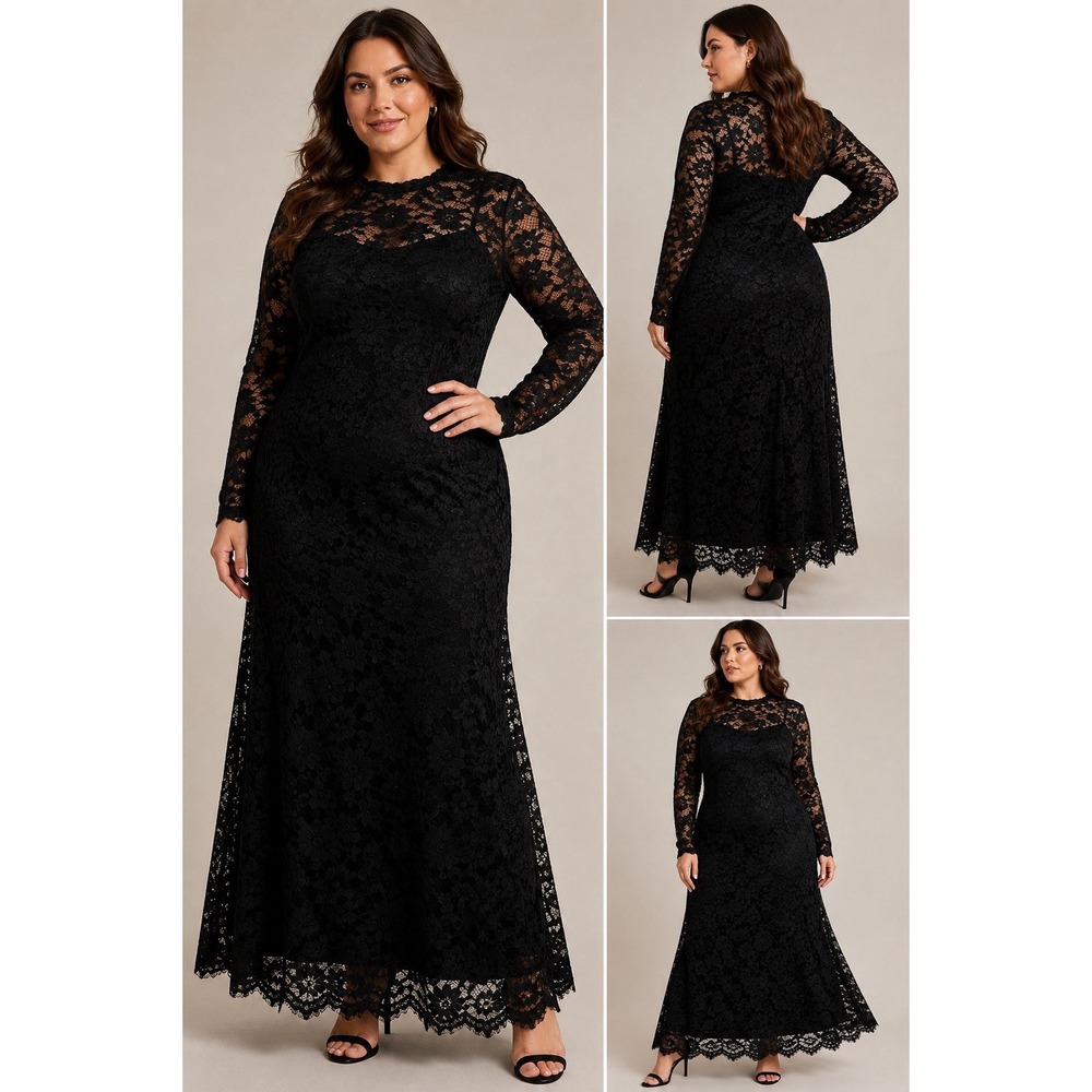 ASOS Design Curve Womens 16 Black Floral Lace Long Sleeve Maxi Dress Plus Size